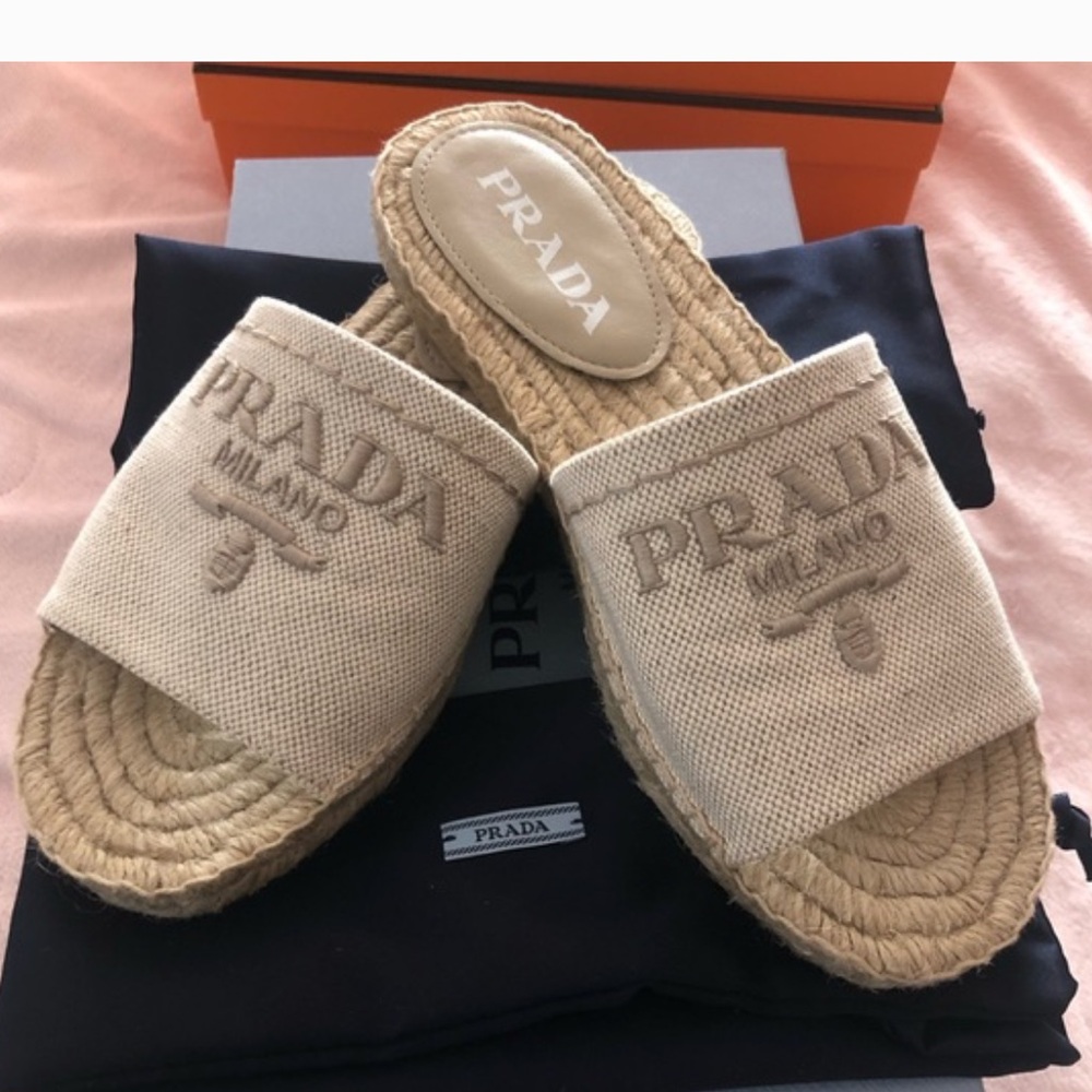 Prada Beige Canvas Espadrille Slide Sandals